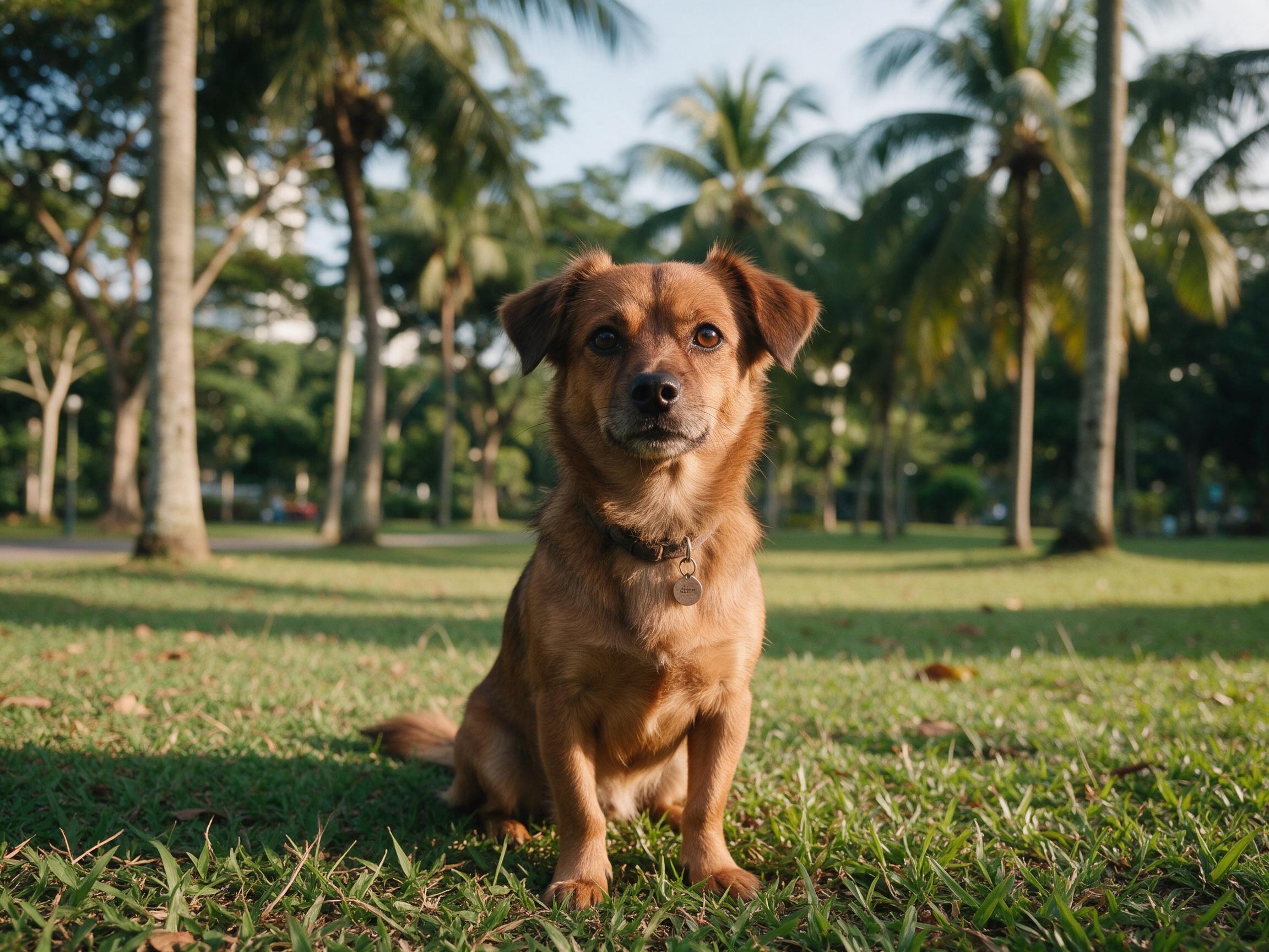 Happy dog with a small tag on its collar at a Singapore park